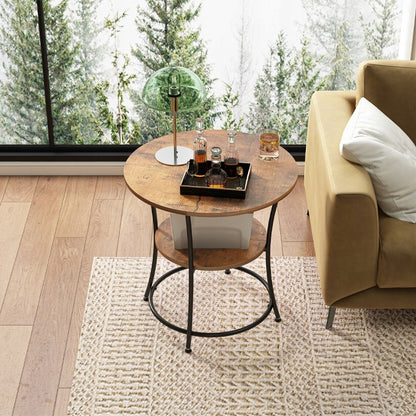 Masă de cafea rotundă industrială pentru camera de zi cu raft, maro loft 55 cm