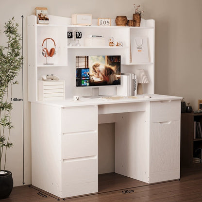 Birou modern cu extensie, alb, 4 sertare și rafturi, pentru birou sau cameră de lucru