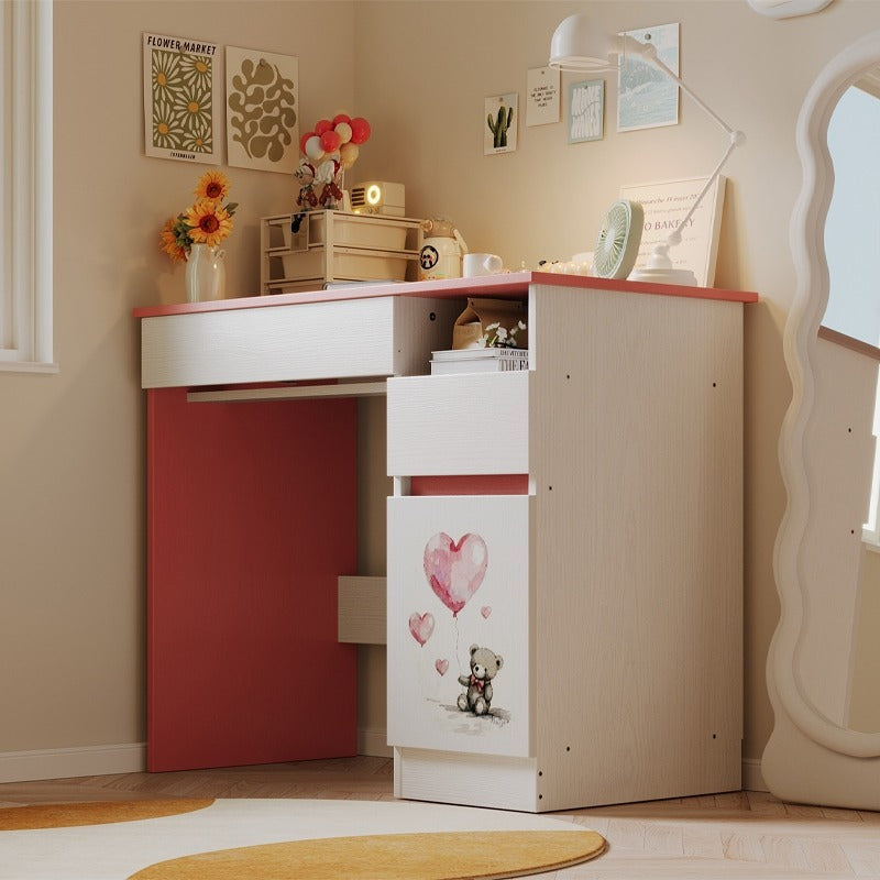 Birou pentru copii cu ursuleț roz pentru fete, stil loft modern, raft și sertar