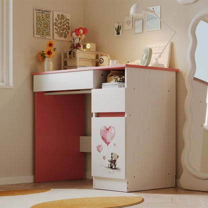Birou pentru copii cu ursuleț roz pentru fete, stil loft modern, raft și sertar