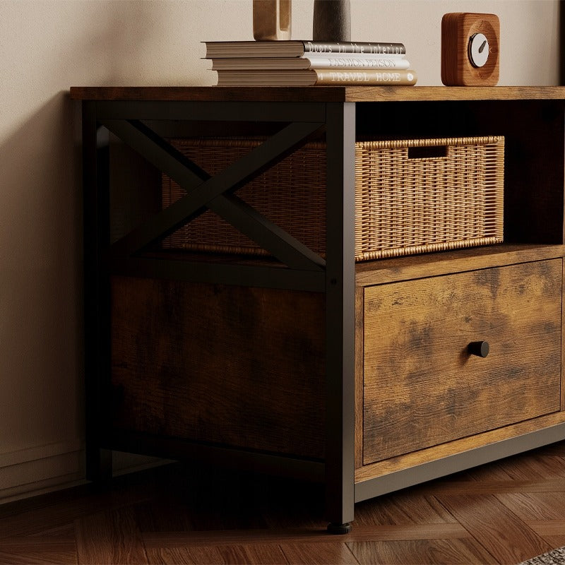 Comodă TV vintage de tip loft cu 3 sertare, maro rustic, 143 cm