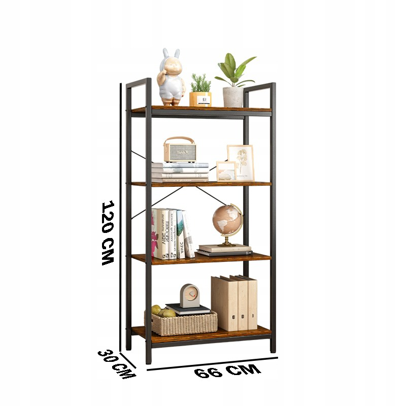 Dulap în stil industrial rustic 4 niveluri - 66x30x120 cm, MDF din lemn natural și cadru din metal negru