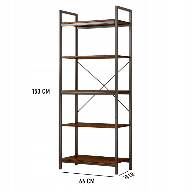 Bibliotecă industrială în stil loft - 66x30x153 cm, MDF rustic și cadru metalic