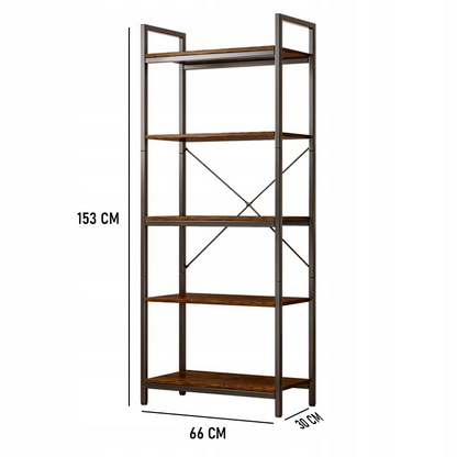 Bibliotecă industrială în stil loft - 66x30x153 cm, MDF rustic și cadru metalic