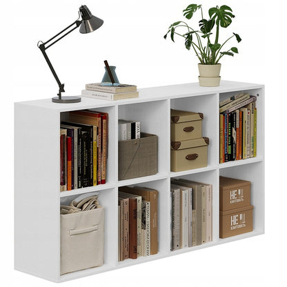 Bibliotecă deschisă, comodă cu 4x2 sertare cubice, spațioasă, albă, pentru cărți, birou, modernă