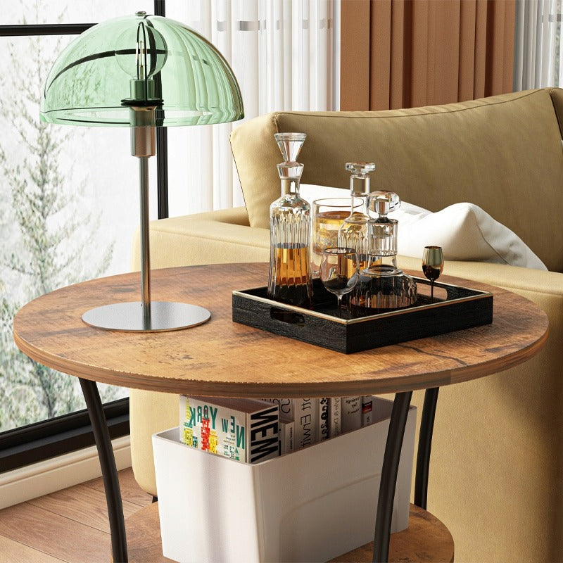 Masă de cafea rotundă industrială pentru camera de zi cu raft, maro loft 55 cm