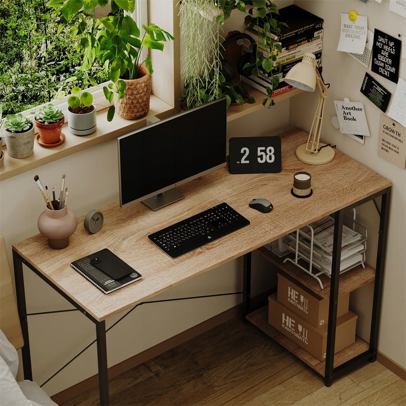 Birou pentru computer, masă loft, maro deschis, modern, cu rafturi, industrial