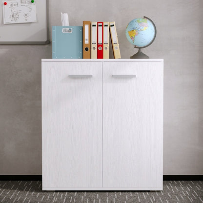 Comodă albă pentru birou/living, corp de etajeră cu 2 uși și 3 rafturi, stil loft, 68 cm