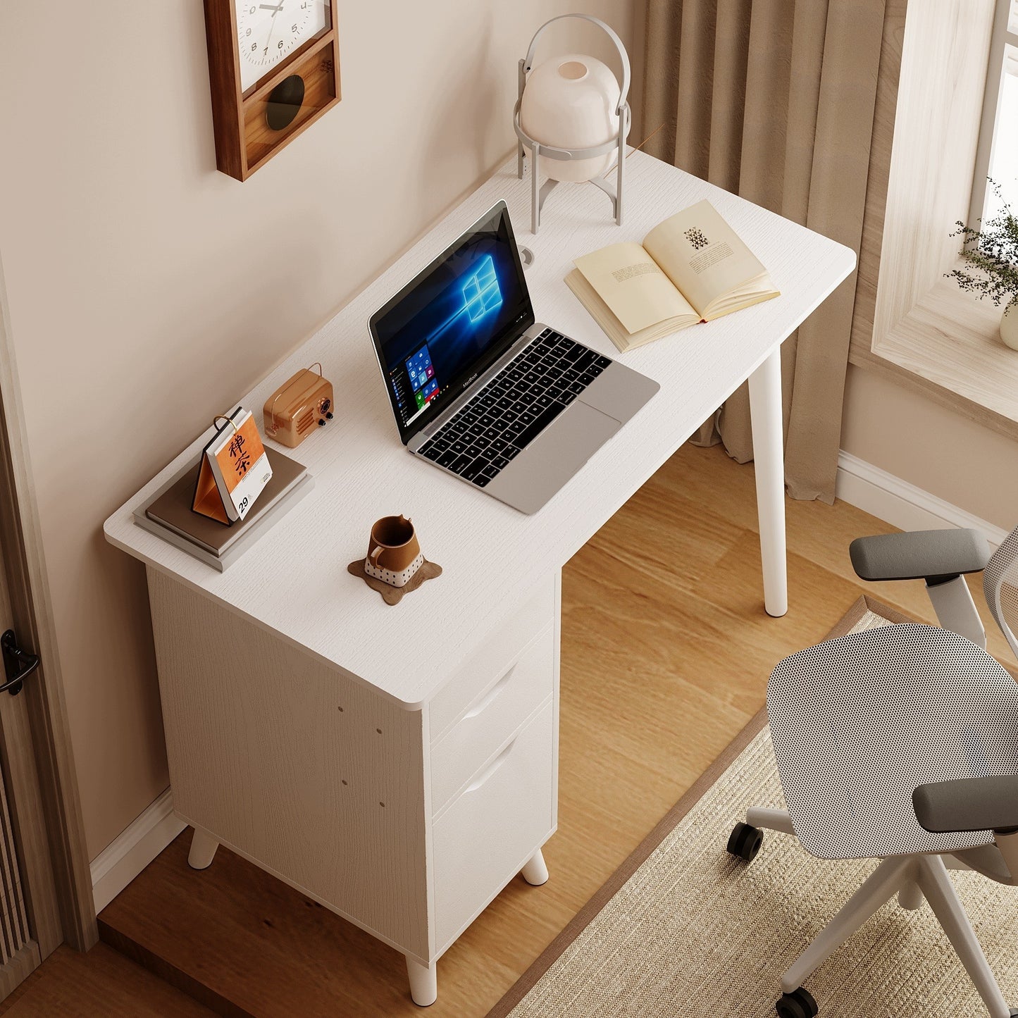 Birou alb pentru computer cu 2 sertare, în stil scandinav, pentru birou de tip loft