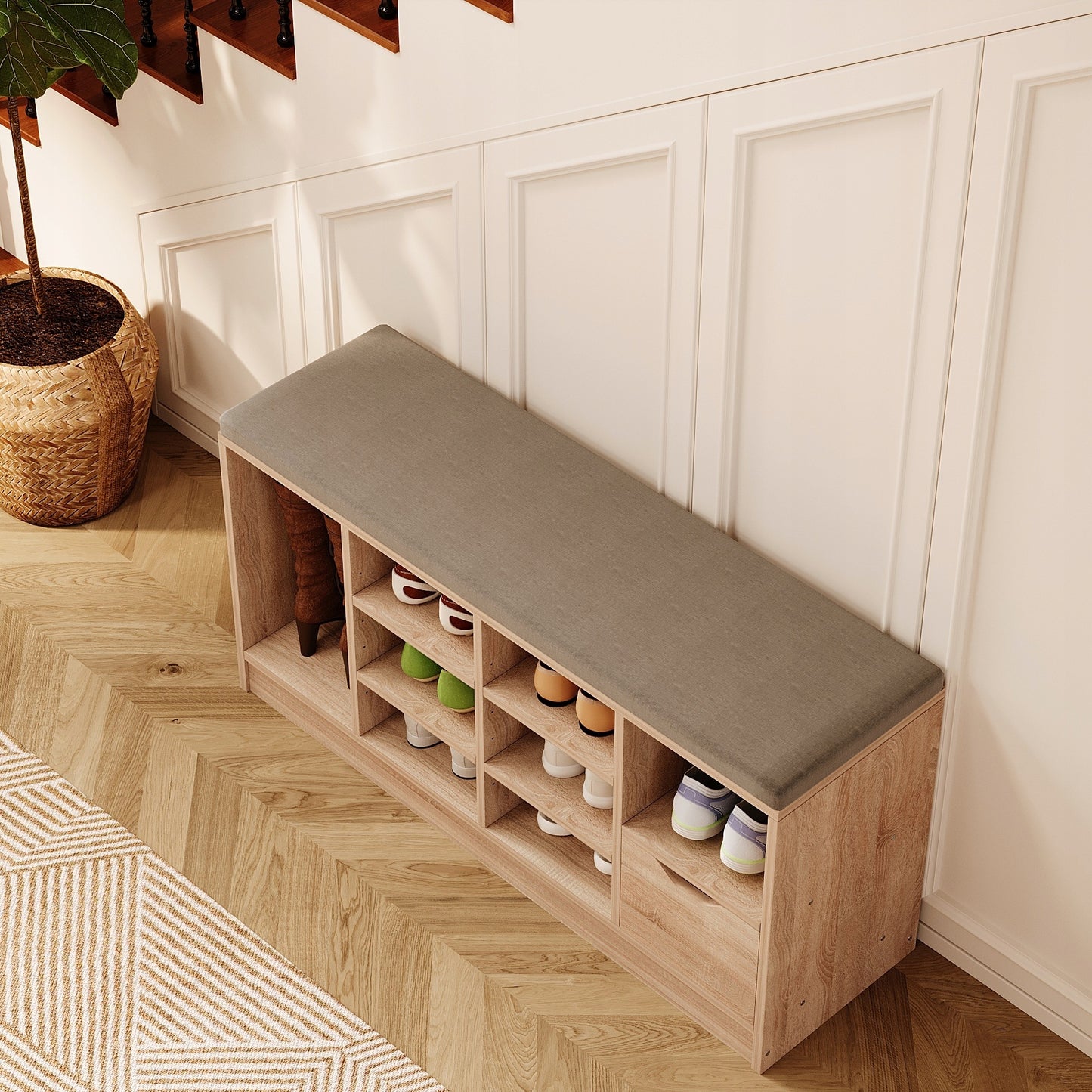Dulap pentru pantofi cu scaun, stil loft, sonoma, hol, bancă cu sertar, 100 cm
