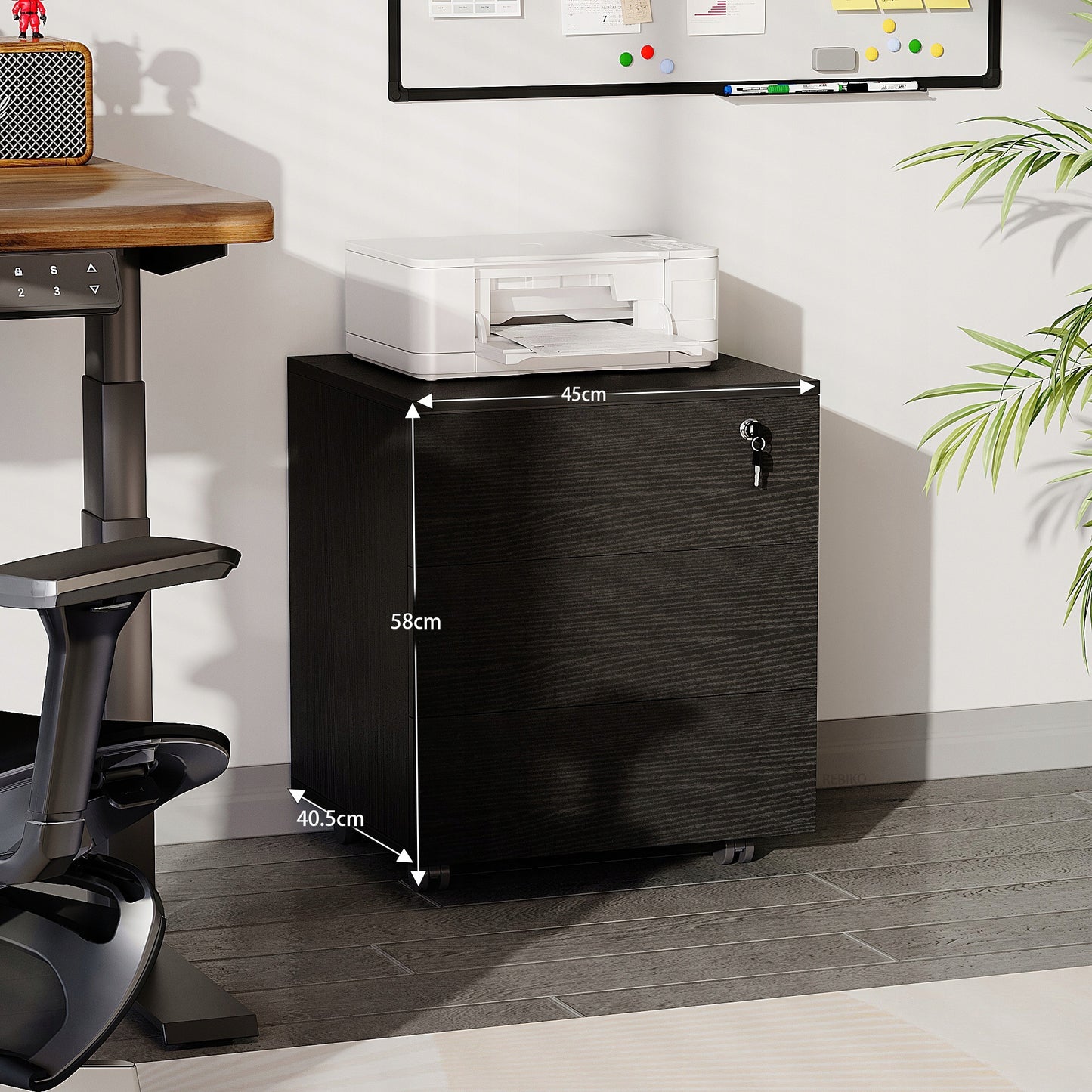 Container de birou pe roți cu sertare, dulap mobil cu încuietoare, negru