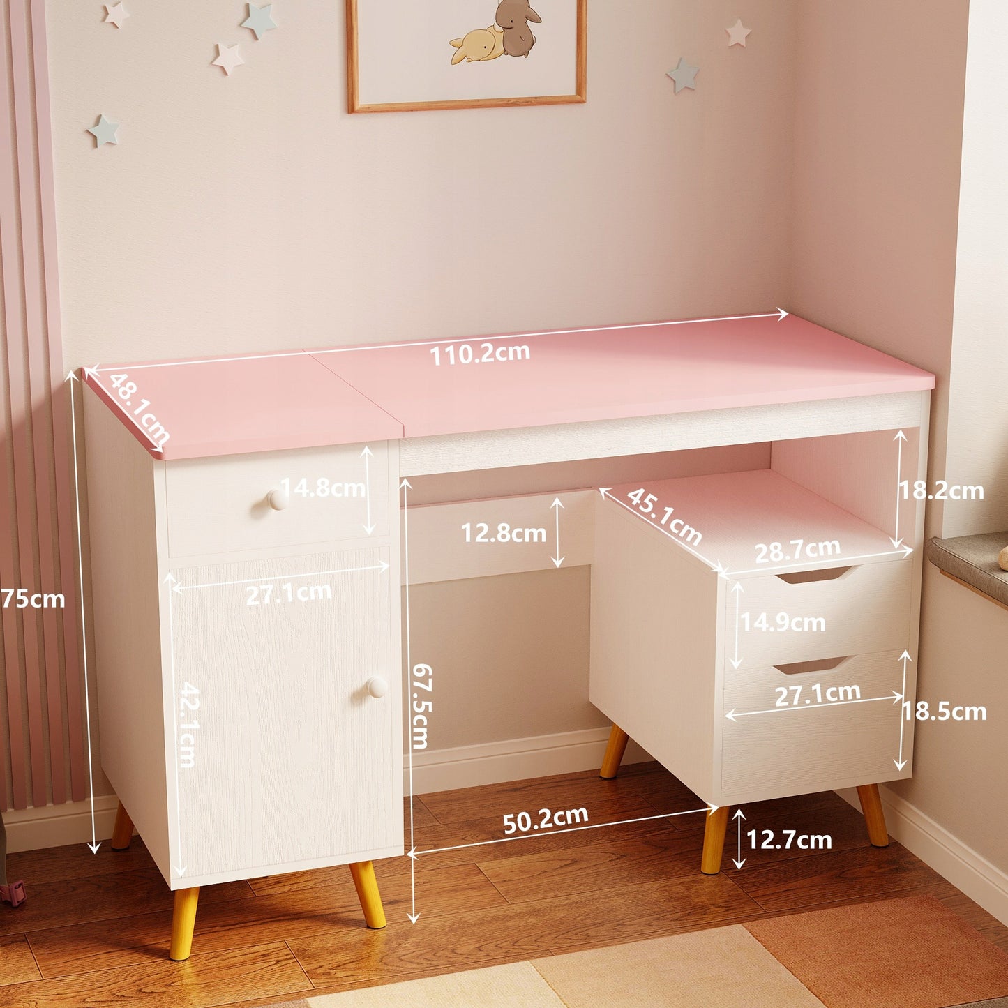 Birou alb pentru fetiță cu blat loft roz, 110 cm