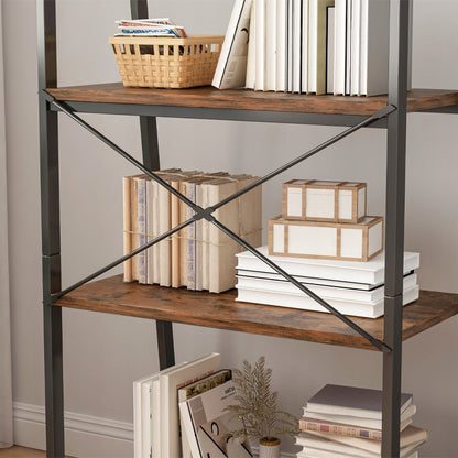 Bibliotecă rustică cu 5 rafturi - 56x34x172 cm, cadru metalic negru și MDF cu efect de lemn închis