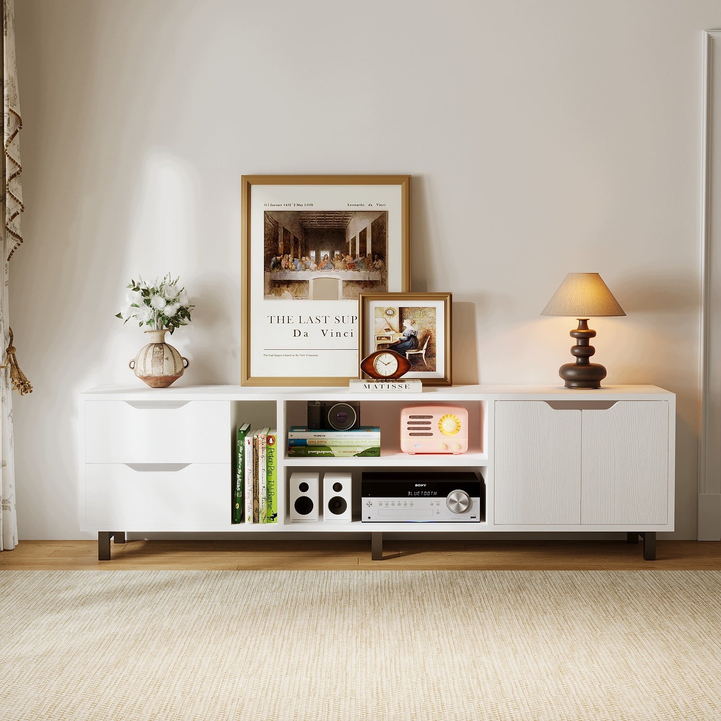 Dulap modern de televiziune în stil scandinav, alb, practic pentru sufrageria în stil loft