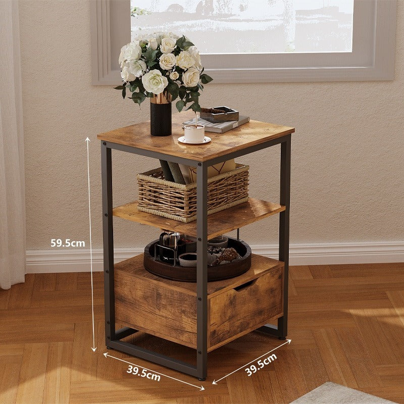 Noptieră, măsuță de dormitor, comodă, sertar, maro închis, stil loft, rafturi, 80 cm