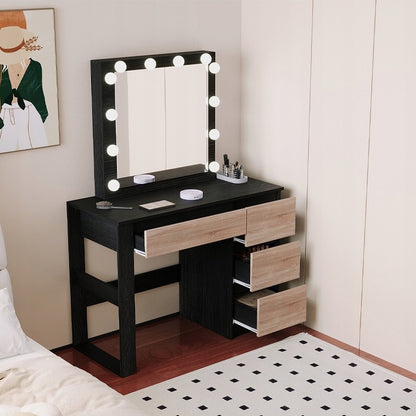 Masă de machiaj modernă, de tip loft, neagră, cu oglindă LED