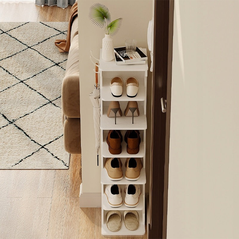 Dulap funcțional îngust pentru pantofi, alb, cu 6 rafturi, 2 cârlige, 112 cm