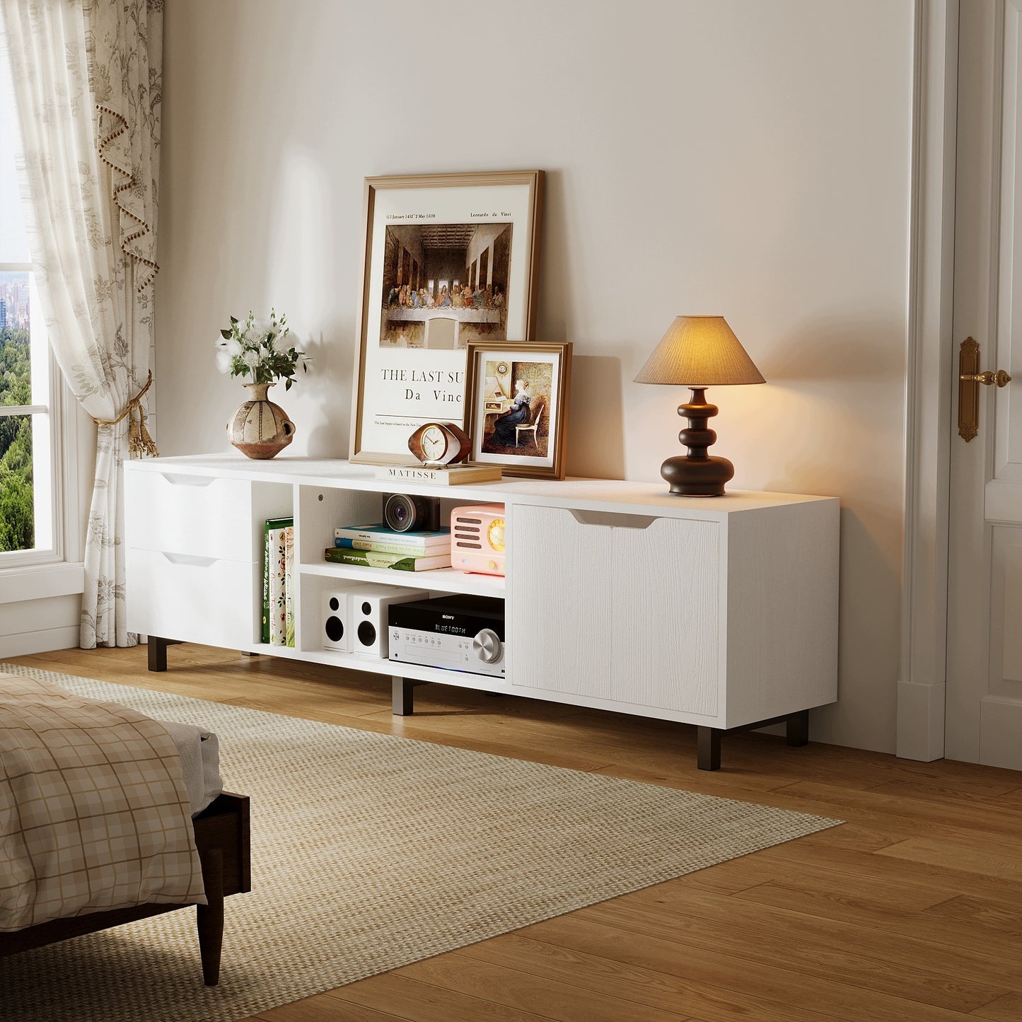 Dulap modern de televiziune în stil scandinav, alb, practic pentru sufrageria în stil loft