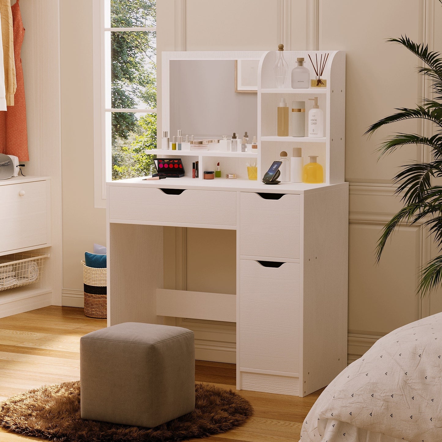 Măsuță de toaletă modernă, albă, cu oglindă și sertare, spațioasă, în stil loft
