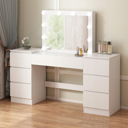 Masă de toaletă albă cu oglindă și sertare pentru machiaj glamour, în stil loft modern.