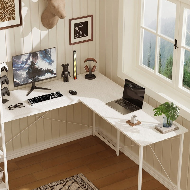 Birou de colț pentru computer cu rafturi și bibliotecă, alb, stil industrial loft, 144 cm