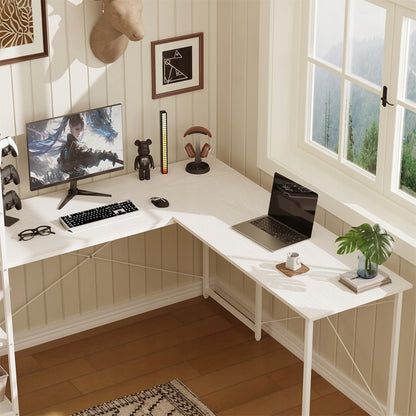 Birou de colț pentru computer cu rafturi și bibliotecă, alb, stil industrial loft, 144 cm