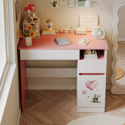 Birou pentru copii cu ursuleț roz pentru fete, stil loft modern, raft și sertar