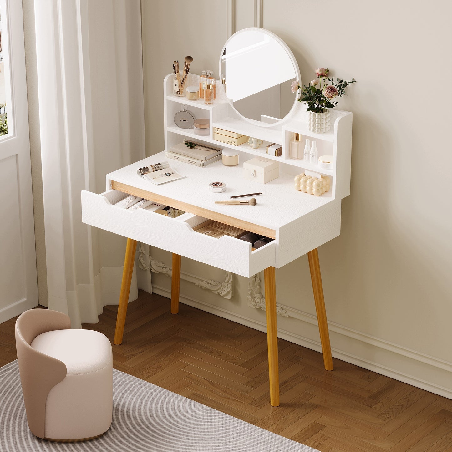 Măsuță de toaletă modernă cu oglindă și sertar, în stil scandinav, cu spațiu generos
