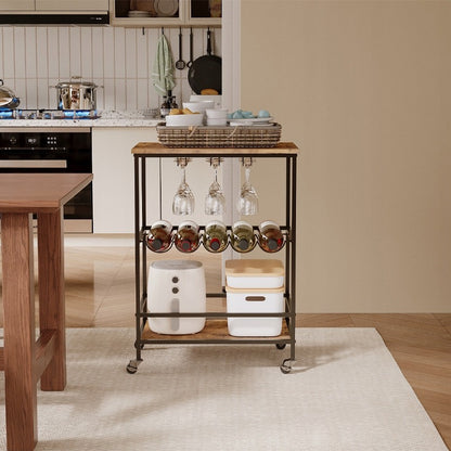 Dulap mobil pe roți, maro rustic, masă, raft, cărucior de bucătărie, stil Loft