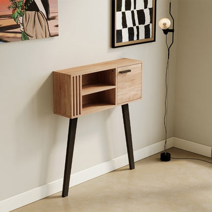 Masă consolă modernă tip loft din stejar deschis cu șipci pentru hol, cu încuietoare, 80 cm