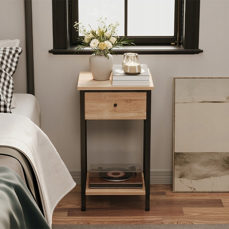 Noptieră cu sertare și raft, maro deschis, stil industrial loft, 51 cm