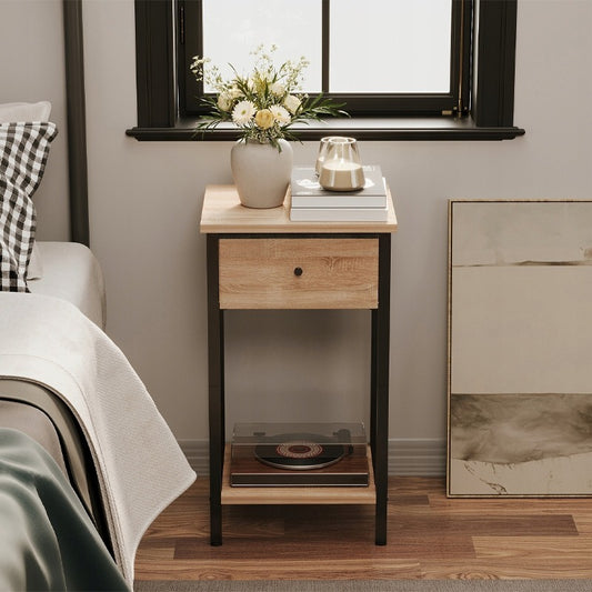 Noptieră cu sertare și raft, maro deschis, stil industrial loft, 51 cm