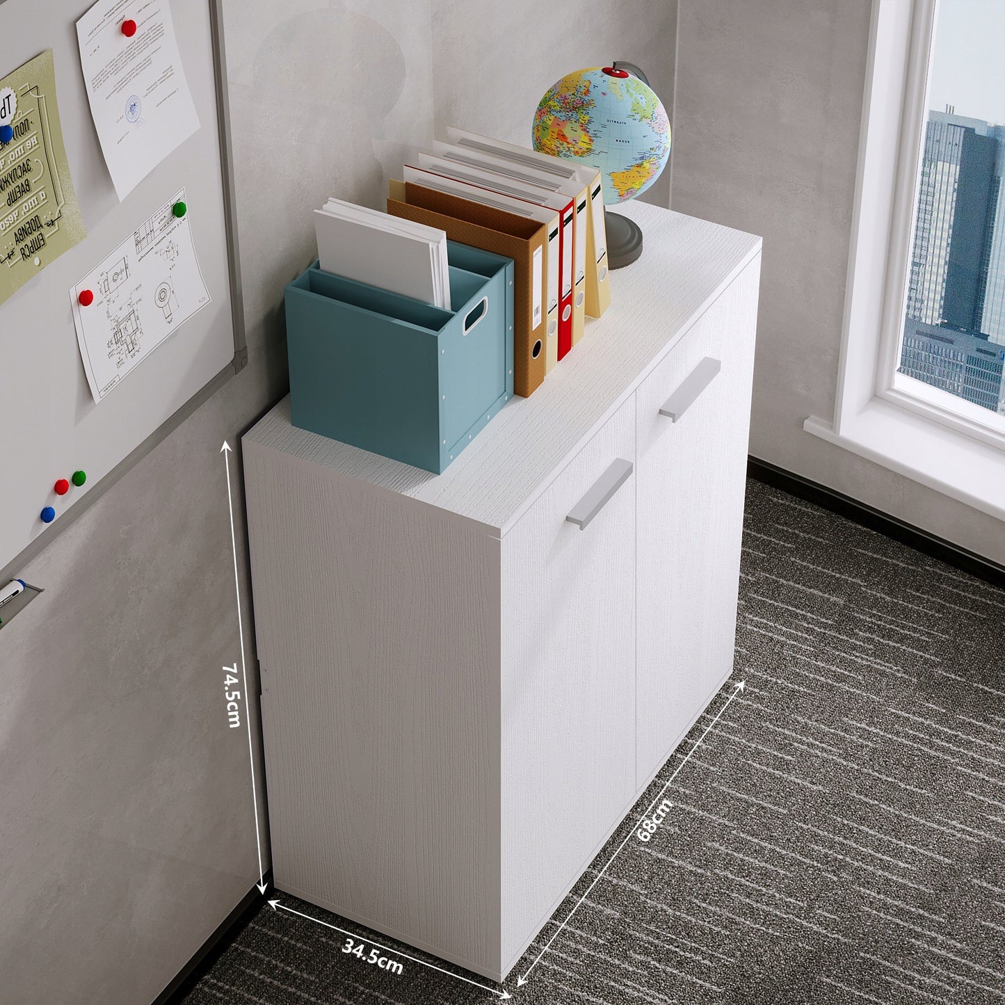 Comodă albă pentru birou/living, corp de etajeră cu 2 uși și 3 rafturi, stil loft, 68 cm