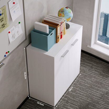 Comodă albă pentru birou/living, corp de etajeră cu 2 uși și 3 rafturi, stil loft, 68 cm