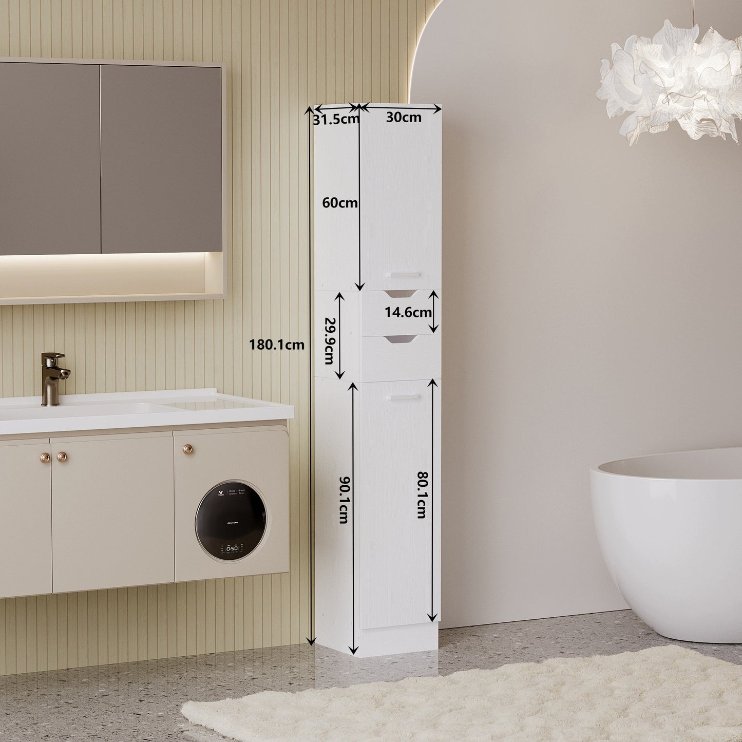 Dulap de baie din lemn alb, unitate de etaj, practic, spațios, stil Loft, 180cm