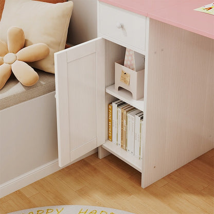 Birou alb cu sertar și dulap pentru fete, cu blat roz, stil loft, spațios