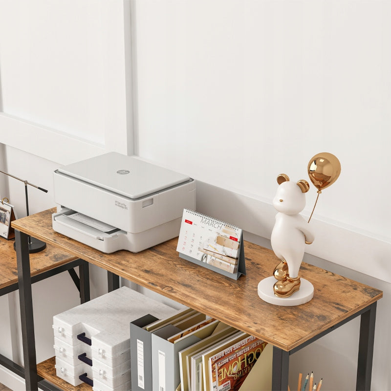 Etajeră industrială de birou, stil loft, din lemn, cu 2 rafturi, consolă, maro rustic.