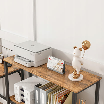 Etajeră industrială de birou, stil loft, din lemn, cu 2 rafturi, consolă, maro rustic.