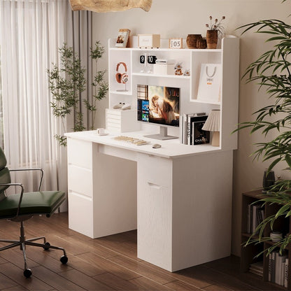 Birou modern cu extensie, alb, 4 sertare și rafturi, pentru birou sau cameră de lucru