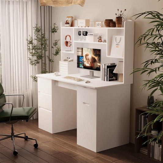Birou modern cu extensie, alb, 4 sertare și rafturi, pentru birou sau cameră de lucru