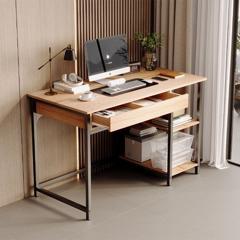 Birou pentru computer în stil industrial loft, cu un sertar și două rafturi, stejar scandinav deschis