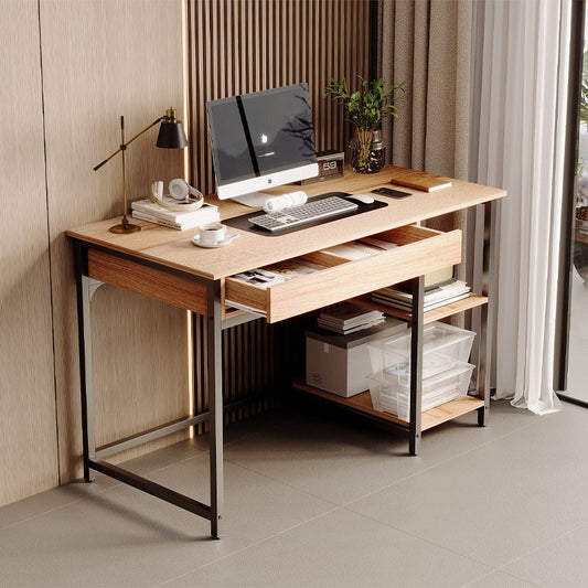 Birou pentru computer în stil industrial loft, cu un sertar și două rafturi, stejar scandinav deschis