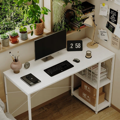 Birou pentru computer, masă loft, alb, modern, cu rafturi industriale