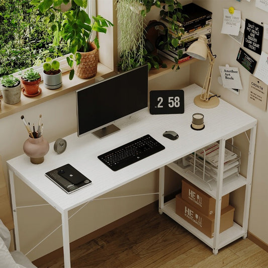 Birou pentru computer, masă loft, alb, modern, cu rafturi industriale