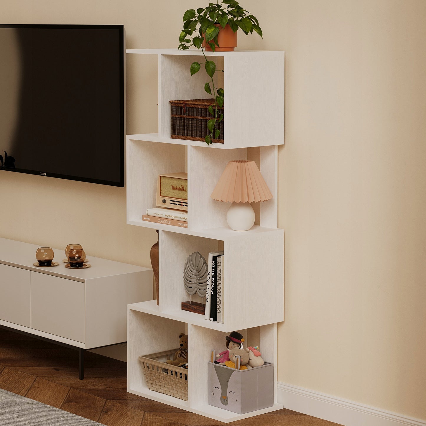 Bibliotecă albă cu două compartimente pentru cărți, dosare, bibliotecă tip mansardă