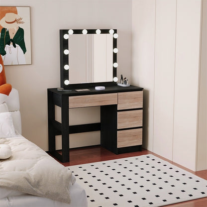 Masă de machiaj modernă, de tip loft, neagră, cu oglindă LED