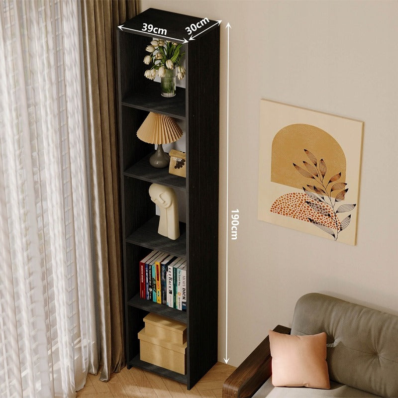 Bibliotecă verticală neagră cu rafturi înalte, dulap modern cu coloană, 190 cm