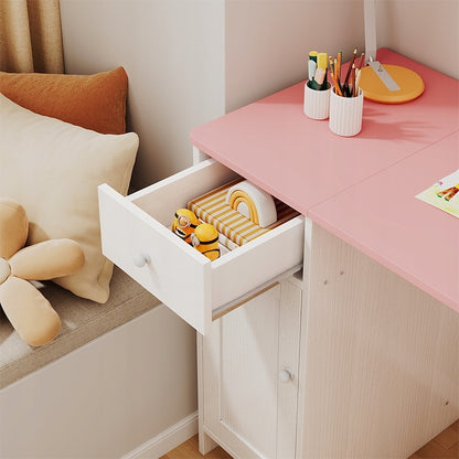 Birou alb cu sertar și dulap pentru fete, cu blat roz, stil loft, spațios