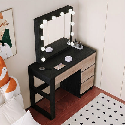 Masă de machiaj modernă, de tip loft, neagră, cu oglindă LED