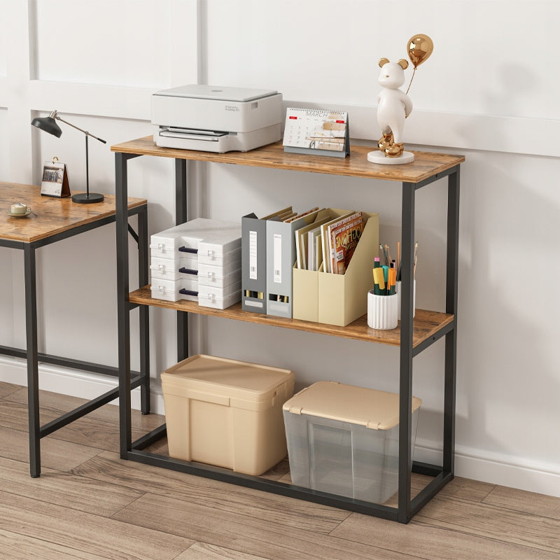 Etajeră industrială de birou, stil loft, din lemn, cu 2 rafturi, consolă, maro rustic.